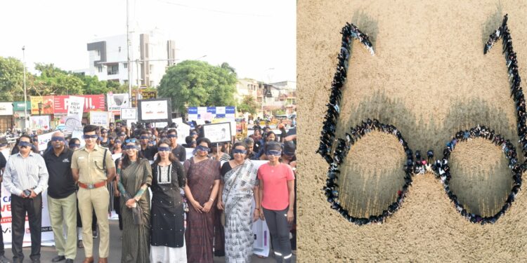 உலக பார்வை தினம் – எலியட்ஸ் கடற்கரையில் 500 பேர் இணைந்து உருவாக்கிய கண்ணாடி தோற்றம்